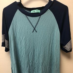 NWOT - “Cause a Scene” tee in blue/sage/teal. L